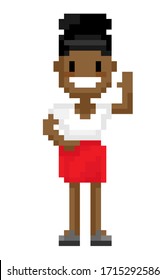 Woman waving hand, smiling pixel girl wearing dress, character with dark skin, portrait and full length view of superhero woman, game element vector