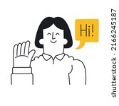 Woman waving hand. Speech bubble hi. Outline, linear, thin line, doodle art. Simple style with editable stroke.
