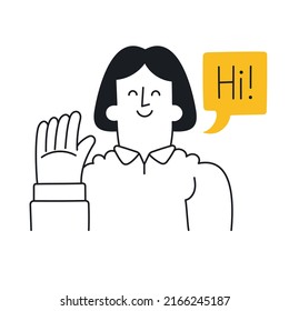 Woman waving hand. Speech bubble hi. Outline, linear, thin line, doodle art. Simple style with editable stroke.