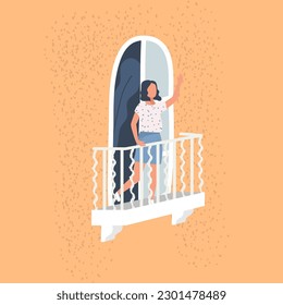 Woman waving hand stand on balcony vector