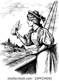 A Woman Waving A Handkerchief, Vintage Line Drawing Or Engraving Illustration