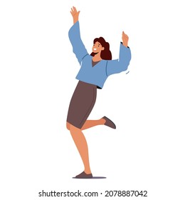 Woman Waving Hands, Jump or Dance Celebrate Success, Happiness or Victory. Female Character with Raised Arms Feel Positive Emotions Isolated on White Background. Cartoon People Vector Illustration