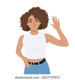 Woman Waving Hello. Flat Vector character illustration