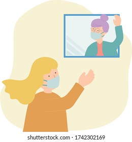 Woman waving to her grandmother during the COVID-19 outbreak 
