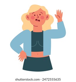 woman waving with her left hand isolated