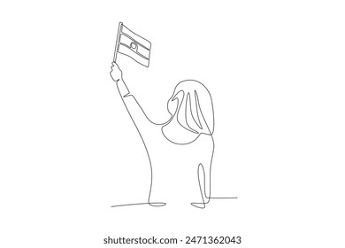 Woman waving Indian flag. India independence day concept one-line drawing