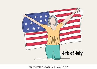 Woman waving the United States flag. colored. 4th of july one-line drawing