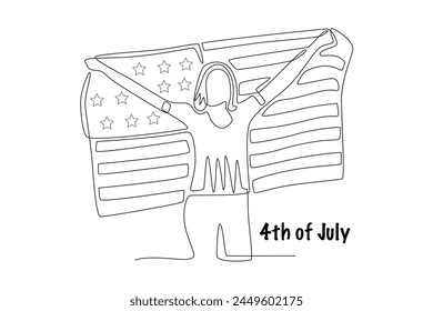 Woman waving the United States flag. 4th of july one-line drawing