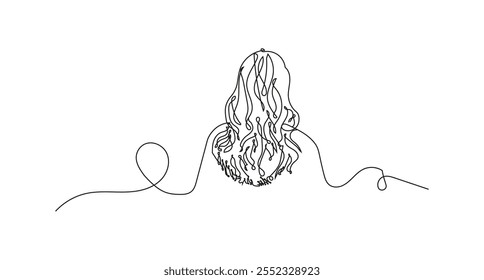 A woman wavy hair cascades down her back as she enjoys the tranquil atmosphere. Modern Minimalist One Line Drawing