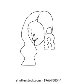 woman with wavy long hair with a large earring in the ear in the form of a wavy arch in the boho (scandi) style - linear drawing of a den head. concept of a logo for a handmade jewelry shop