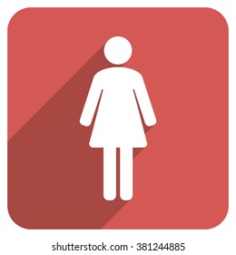 Woman WC long shadow vector icon. Style is a flat symbol on a red rounded square button.