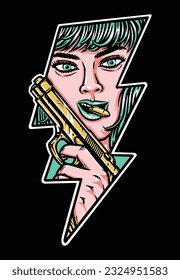 woman with a weapon in the thunderbolt shape