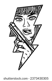 woman with a weapon in the thunderbolt shape