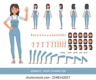 La mujer usa diseño de Ilustración vectorial de personaje de mono de mezclilla azul. Create tu propia pose.