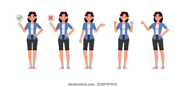 Woman wear blue shirt character vector illustration design set. Presentation in various action.