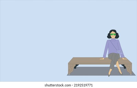 woman wear blue shirt sitting white wooden chair isolated blue background. Young beautiful cheerful girl sitting on chair isolated on the blue background