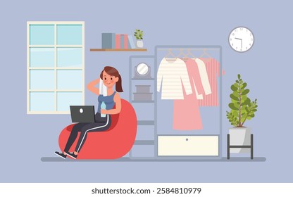 Woman wear blue shirt, working from home in a cozy office setting character vector illustration design.