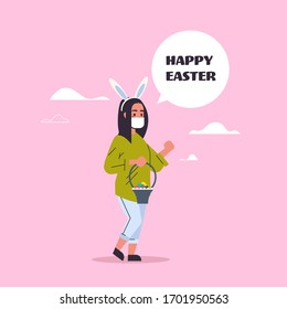 woman wear bunny ears and face mask to prevent coronavirus girl with basket celebrating happy easter holiday full length vector illustration
