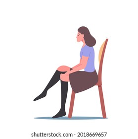 Woman Wear Compression Stockings for Diseased Legs Treatment and Prevention Edema or Lymphedema Disease Concept. Female Character Cure Varicose or Thrombophlebitis. Cartoon People Vector Illustration