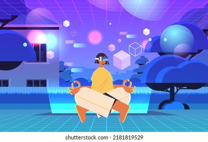 woman wear digital glasses girl sitting lotus pose experiencing virtual reality vr vision headset technology innovation