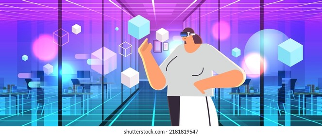 woman wear digital glasses girl experiencing virtual reality vr vision headset technology innovation concept