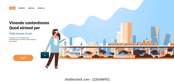woman wear digital glasses looking virtual reality modern city subway train skyscrapers cityscape background vr vision headset innovation concept flat horizontal
