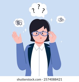 Woman wear glasses. Confused frustrated puzzled character in eyeglasses thinking. Oops situation, wrong decision. Surprised office girl splendid vector scene