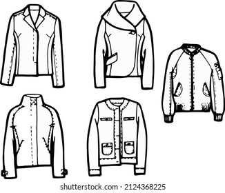 Woman wear  Jackets Technical Drawing Clothes Line art fashion illustration vector set