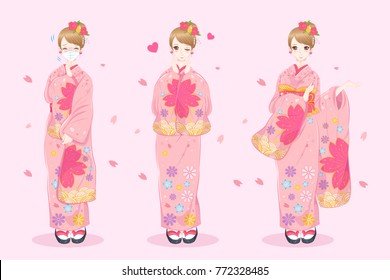 woman wear kimono on the pink background