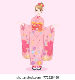 woman wear kimono and show something on the pink background