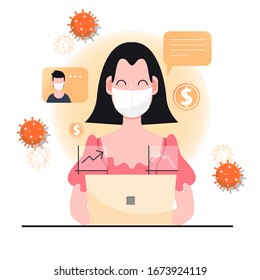 Woman wear mask fight covid-19 work from home. Teleconference. Digital transformation. Corona virus outbreak pandemic. flat character Abstract people. Health and medical. Flat design Vector illustrat