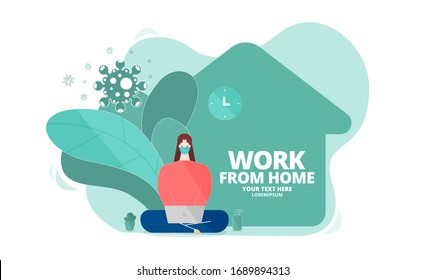 Woman wear mask using laptop at home. Work from home during outbreak of the coronavirus (COVID-19) disease. Concept for stay home on quarantine to avoid virus pandemic spreading. Vector illustrator.