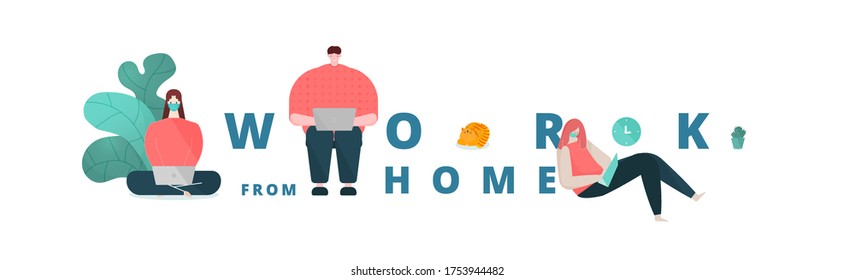 Woman wear mask using laptop and man with a cat working at home. Work from home during outbreak of the coronavirus (COVID-19) disease. Concept for stay home on quarantine to avoid virus pandemic.
