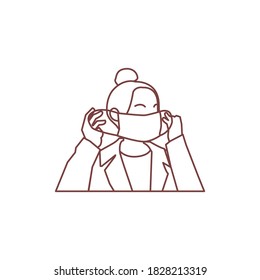 Woman wear mask vector illustration in line art style isolated on white background