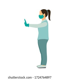 Woman Wear Medical Mask Gloves Show Stop With Outstretched Hand Palm. Full Height Side View. Flat Vector Illustration