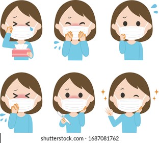 Woman wear medical mask set. Vector illustration.