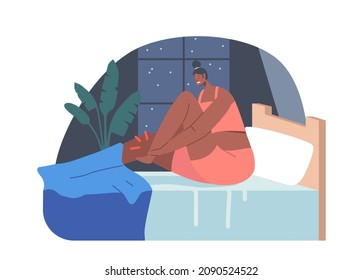 Woman Wear Pajama Sitting in Bed Feeling Pain in Ankle, Female Character with Sleep Problems, Cramps, Weak Muscles, Illness, Insomnia. Girl Suffering of Disease. Cartoon People Vector Illustration