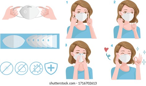 Woman wear protective mask against infectious diseases.  How to wear a mask n95. Step by step method. Healthy of female wear protective mask against infectious diseases and flu. Stop the infection. 