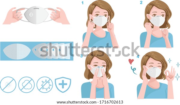 Woman wear protective mask against infectious diseases. 
How to wear a mask n95. Step by step method. Healthy of female wear
protective mask against infectious diseases and flu. Stop the
infection. 