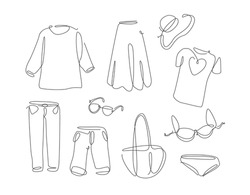Woman Wear In Simple Line Art Style. One Continuous Line Clothes Set. Vector Collection Of Elegant Women Fashion Tshirt, Underwear, Bag, Pants, Skirt, Shorts And Hut.