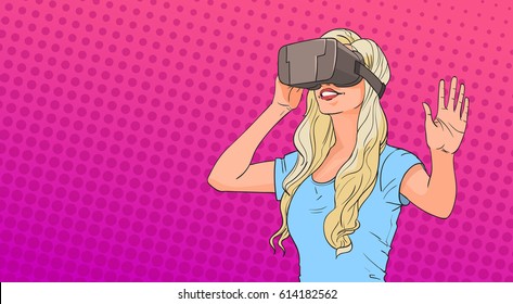 Woman Wear Virtual Reality Digital Glasses Pop Art Colorful Retro Style Vector Illustration