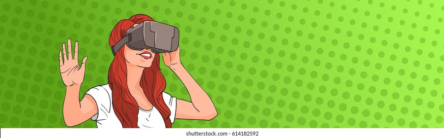 Woman Wear Virtual Reality Digital Glasses Pop Art Colorful Retro Style Vector Illustration