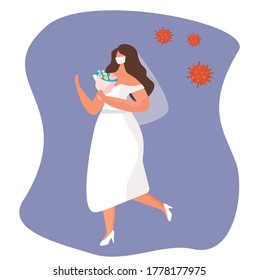 Woman Wear Wedding Dress in Mask on Wedding.
Wedding During Quarantine and Social Distance.Prevent and Stop Spread Coronavirus.
Groom and Bride in Wedding Dress.Flat Vector Illustration