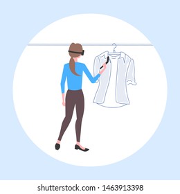 woman wearing 3d glasses holding controller girl experiencing virtual reality choosing shirt through headset online shopping augmented digital technology concept flat full length