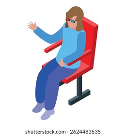 Woman wearing 3d glasses is sitting in cinema chair, watching movie and gesturing with hand