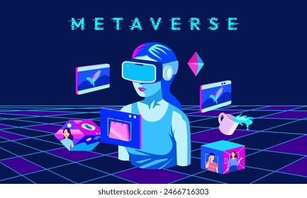 The woman wearing 3D VR glasses in the environment inside the metaverse seems to be in the virtual world of creativity and digital entertainment in the cyber world.