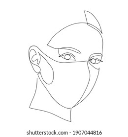 Mujer con máscara de protección anti virus para evitar que otras personas de corona COVID-19, estilo de línea continua, boceto rápido, ilustración vectorial. Concepto de pandemia, protección de la salud. 