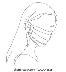 Woman wearing anti virus protection mask to prevent others from corona COVID-19, continuous line style, quick sketch, vector illustration. Pandemic concept, health protection. 