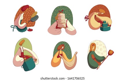 Woman Wearing Apron Baking Sweet Pastry Vector Illustrations Set