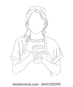 Woman wearing apron. Barista holding coffee cup, serving coffee to customer. 